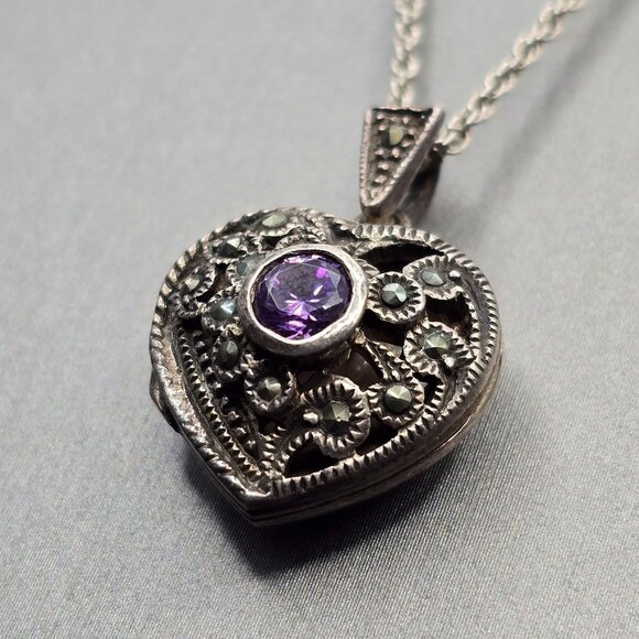 VTG Charles Winston Sterling Silver Amethyst Heart Locket Pendant 1" Signed CW - Picture 2 of 12